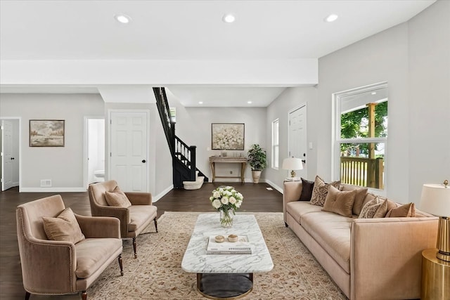 592 Leicester, Detroit, MI 48202 - living room featuring stairway, recessed lighting, wood finished floors, and baseboards