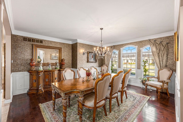 2434 Pebble Beach Dr, Oakland, MI 48363 - dining room with visible vents, an inviting chandelier, ornamental molding, wallpapered walls, and dark wood-type flooring