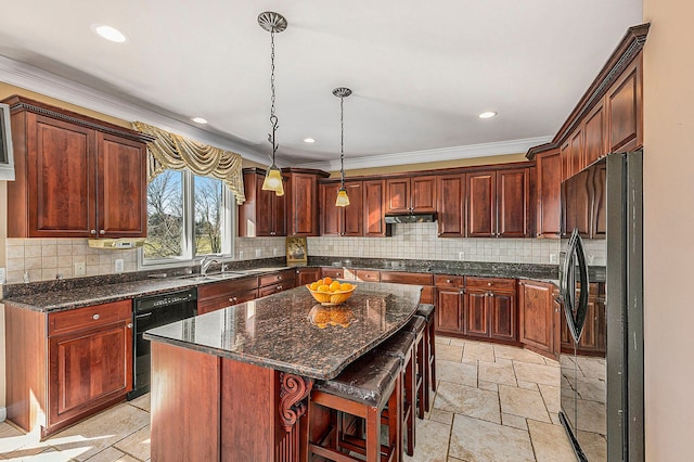 2434 Pebble Beach Dr, Oakland, MI 48363 - kitchen with crown molding, stone tile floors, black appliances, a kitchen island, and backsplash