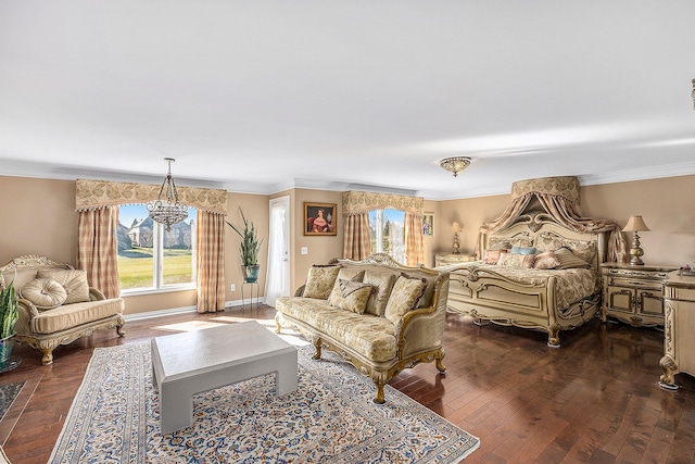 2434 Pebble Beach Dr, Oakland, MI 48363 - living area featuring dark wood-type flooring, an inviting chandelier, and crown molding