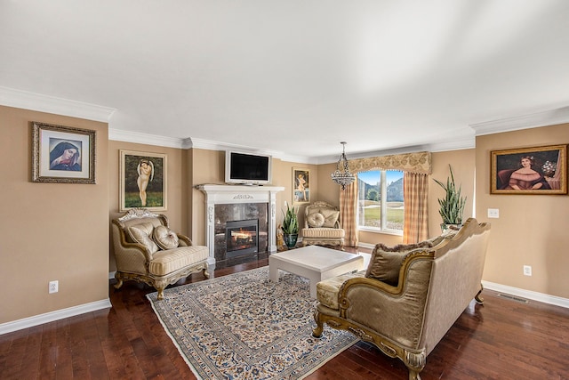 2434 Pebble Beach Dr, Oakland, MI 48363 - living room with dark wood-type flooring, visible vents, baseboards, and a fireplace
