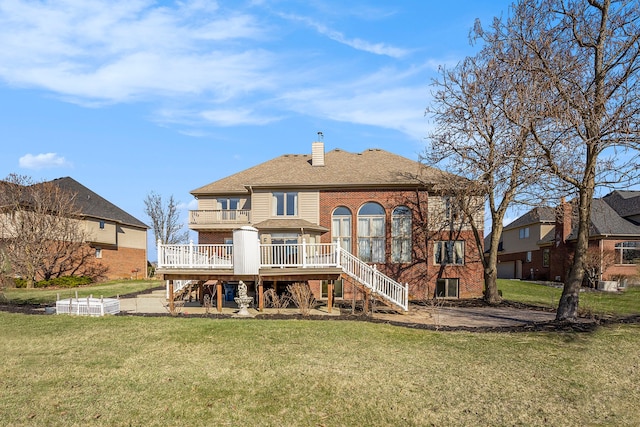 2434 Pebble Beach Dr, Oakland, MI 48363 - back of property featuring a yard, a chimney, stairway, a wooden deck, and roof with shingles