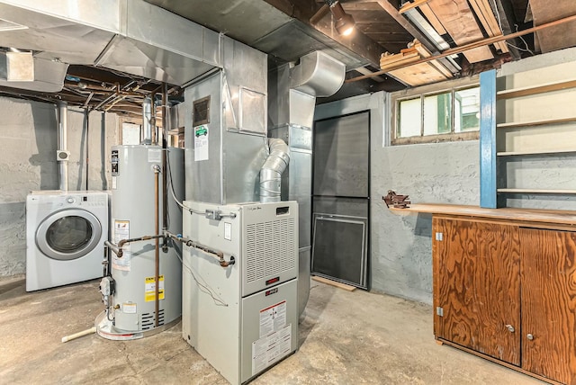 utilities with water heater, washer / dryer, and heating unit