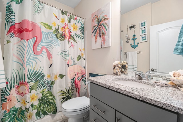 4117 Avery Rd, Lake Orion, MI 48359 - bathroom with vanity, tile patterned floors, toilet, and curtained shower