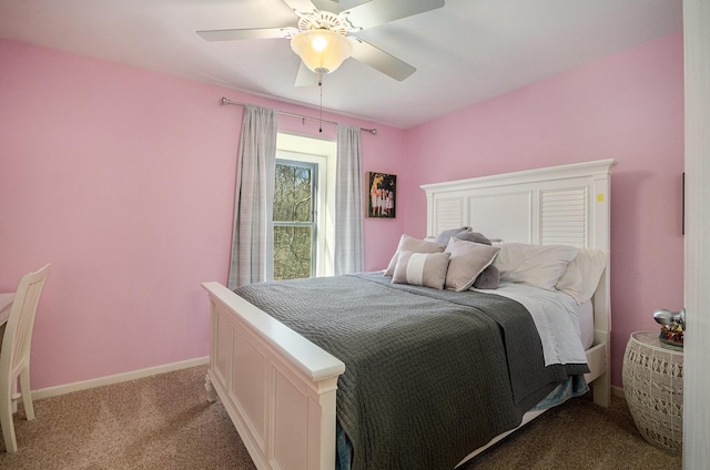 bedroom featuring light carpet, baseboards, and a ceiling fan