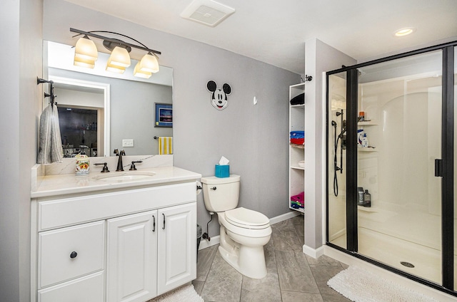 full bath with vanity, visible vents, toilet, a stall shower, and baseboards