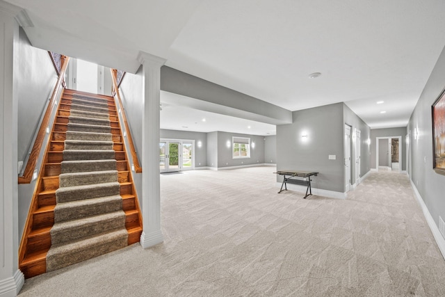 interior space featuring baseboards, recessed lighting, and carpet flooring