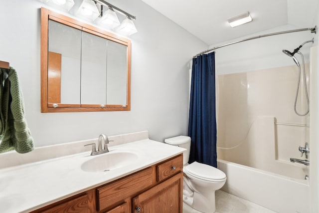full bath featuring shower / tub combo, vanity, and toilet