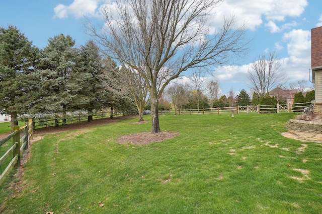 view of yard with fence and a rural view