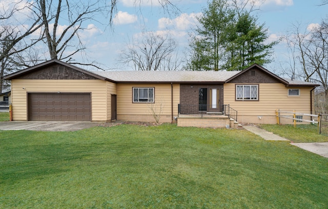 ranch-style home featuring roof with shingles, a front yard, fence, a garage, and driveway