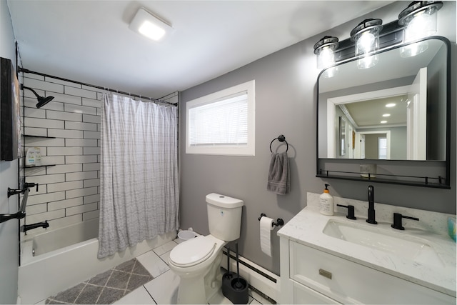bathroom with toilet, vanity, and shower / tub combo with curtain