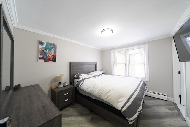 bedroom with wood finished floors, a baseboard heating unit, and ornamental molding