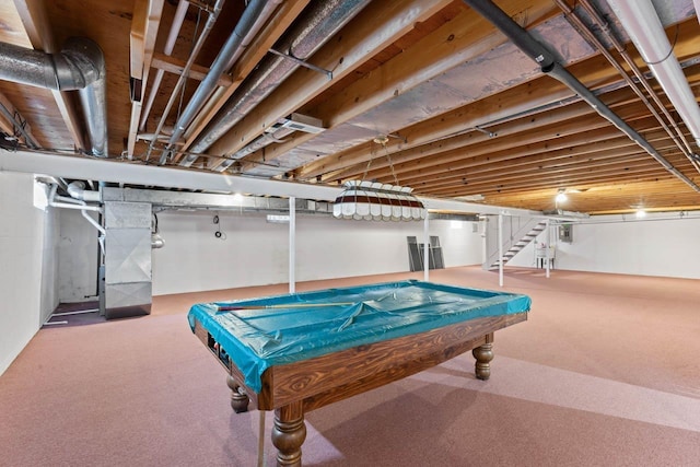 5802 Pratt Rd, Lapeer, MI 48446 - rec room with carpet floors, heating unit, and billiards