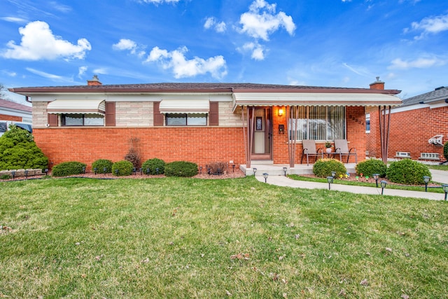 32334 Gloede Dr, Warren, MI 48088 - single story home with a porch, a chimney, a front lawn, and brick siding