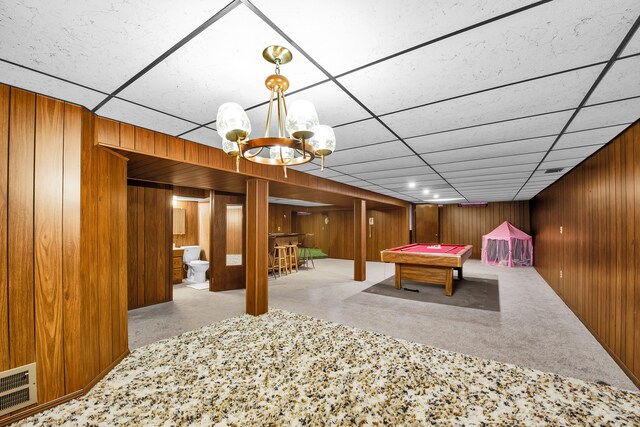 32334 Gloede Dr, Warren, MI 48088 - rec room with wood walls, pool table, a drop ceiling, and visible vents