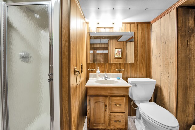 32334 Gloede Dr, Warren, MI 48088 - bathroom featuring wooden walls, toilet, a stall shower, and vanity