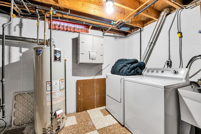 32334 Gloede Dr, Warren, MI 48088 - washroom featuring water heater, washer and clothes dryer, laundry area, light floors, and a sink