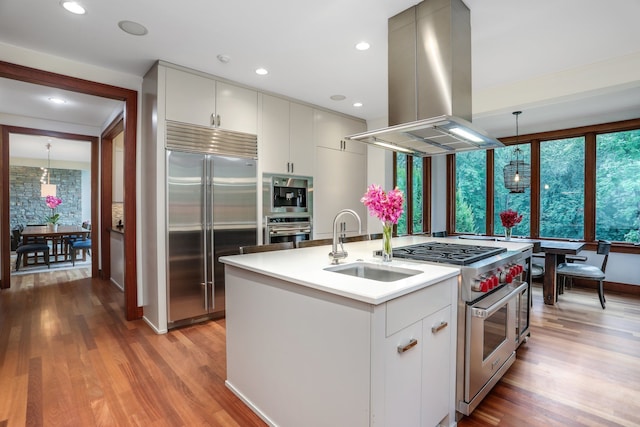kitchen featuring island exhaust hood, high end appliances, a sink, light wood-style flooring, and light countertops