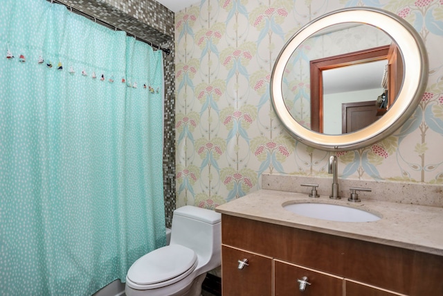 full bathroom featuring toilet, wallpapered walls, shower / bath combo, and vanity