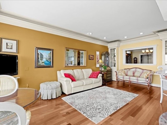2011 W Lake Dr, Novi, MI 48377 - living room featuring ornamental molding, wood finished floors, a chandelier, and recessed lighting