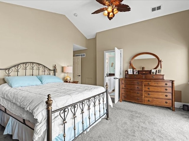 2011 W Lake Dr, Novi, MI 48377 - carpeted bedroom featuring ensuite bathroom, a ceiling fan, and high vaulted ceiling