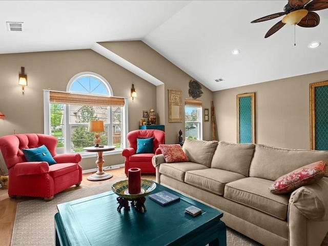 2011 W Lake Dr, Novi, MI 48377 - living area featuring ceiling fan, lofted ceiling, recessed lighting, and wood finished floors
