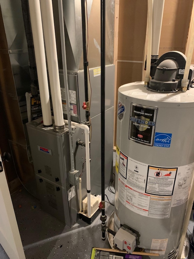 utility room with gas water heater and heating unit