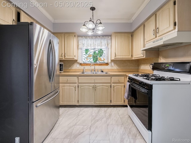 45 E George Ave, Hazel Park, MI 48030 - kitchen with range with gas cooktop, freestanding refrigerator, under cabinet range hood, a sink, and light countertops