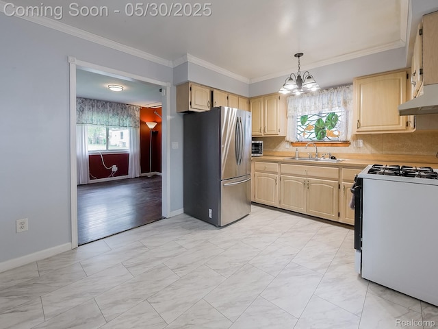 45 E George Ave, Hazel Park, MI 48030 - kitchen featuring freestanding refrigerator, a sink, range with gas stovetop, light brown cabinetry, and a chandelier
