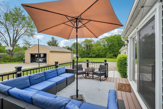 49212 Fuller Rd, Chesterfield, MI 48051 - wooden terrace featuring an outdoor living space, an outdoor structure, and a garage