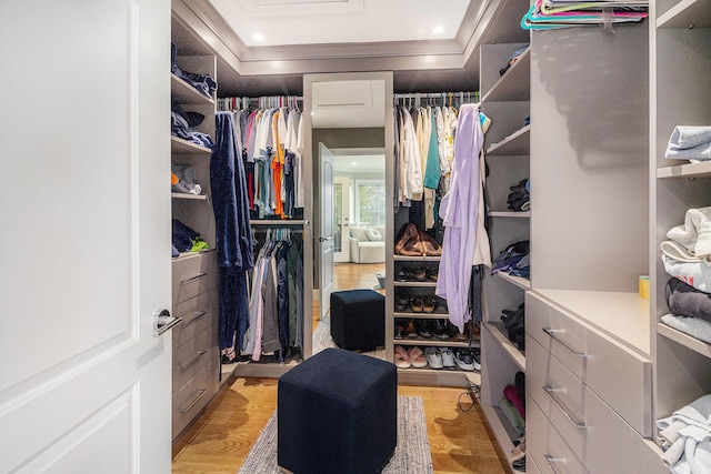 spacious closet featuring light wood finished floors and attic access