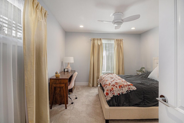 carpeted bedroom with recessed lighting, baseboards, and ceiling fan