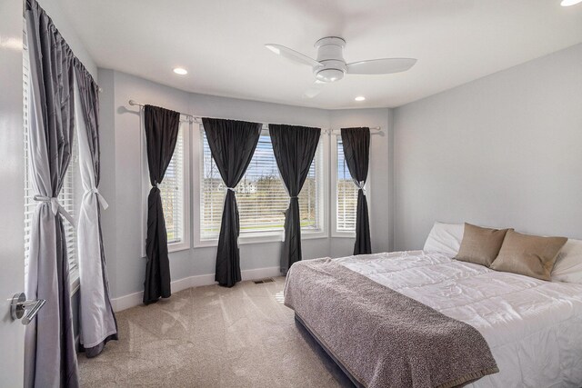 bedroom featuring visible vents, baseboards, ceiling fan, carpet floors, and recessed lighting