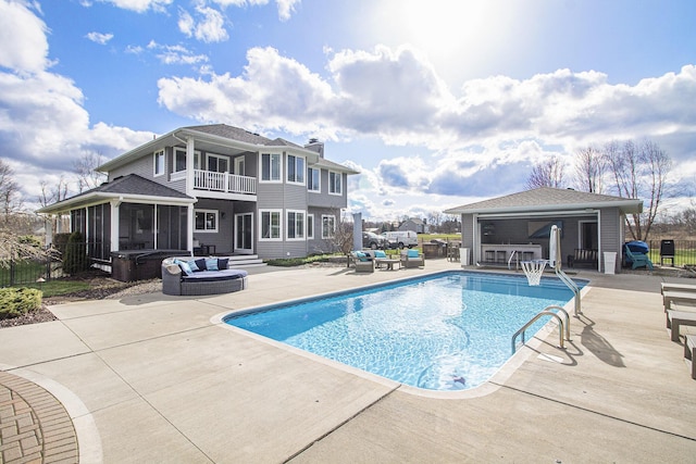 view of swimming pool with a sunroom, an outdoor living space, fence, a patio, and a fenced in pool