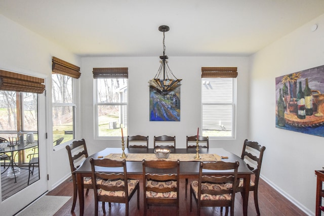 dining room with dark wood-style flooring, baseboards, and plenty of natural light