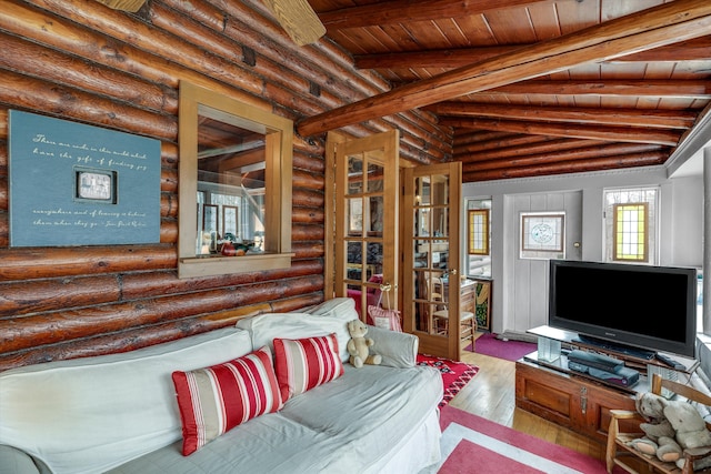 48814 Gyde Rd, Canton, MI 48187 - living area featuring vaulted ceiling with beams, hardwood / wood-style floors, and wood ceiling