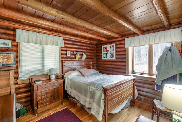 48814 Gyde Rd, Canton, MI 48187 - bedroom featuring hardwood / wood-style floors, wooden ceiling, beam ceiling, and rustic walls
