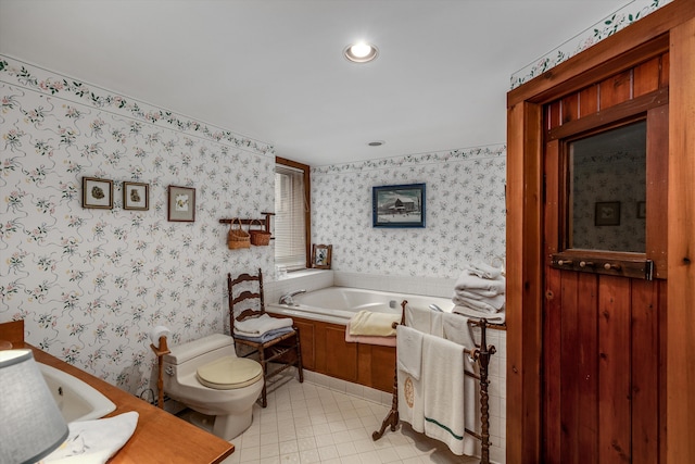 48814 Gyde Rd, Canton, MI 48187 - full bath featuring wallpapered walls, recessed lighting, tile patterned flooring, toilet, and a bath