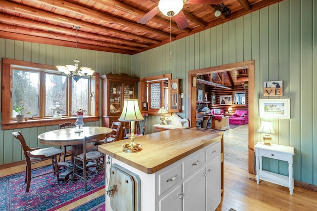 48814 Gyde Rd, Canton, MI 48187 - kitchen with butcher block countertops, light wood-style flooring, wood ceiling, and beamed ceiling