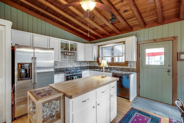 48814 Gyde Rd, Canton, MI 48187 - kitchen featuring stainless steel fridge with ice dispenser, butcher block counters, wood ceiling, dishwashing machine, and double oven range