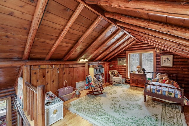 48814 Gyde Rd, Canton, MI 48187 - bedroom with wood ceiling, log walls, wood finished floors, and vaulted ceiling with beams
