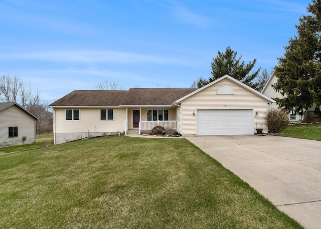 ranch-style home with an attached garage, driveway, a front yard, and a porch