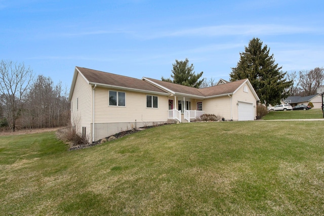 ranch-style house with a garage, a porch, and a front lawn