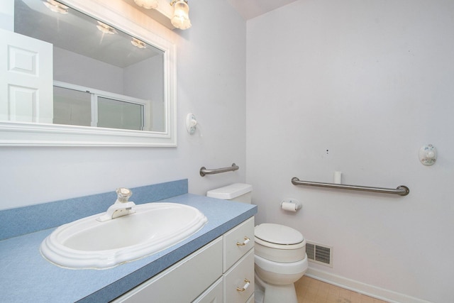 full bathroom with visible vents, toilet, vanity, and a stall shower