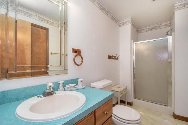 full bath with tile patterned floors, toilet, a stall shower, and vanity