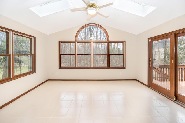 5521 Lohr Lake Dr, Ann Arbor, MI 48108 - unfurnished room featuring a skylight, vaulted ceiling, baseboards, and a ceiling fan
