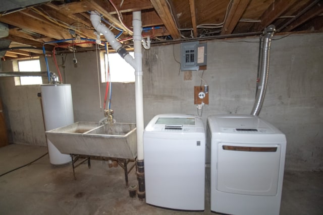 laundry room featuring water heater, electric panel, washing machine and dryer, laundry area, and a sink