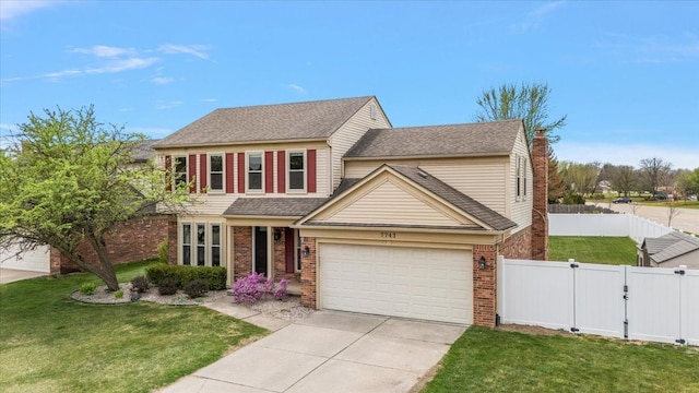 traditional-style house featuring driveway, a gate, a front yard, fence, and brick siding