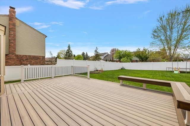 wooden terrace with a lawn and a fenced backyard