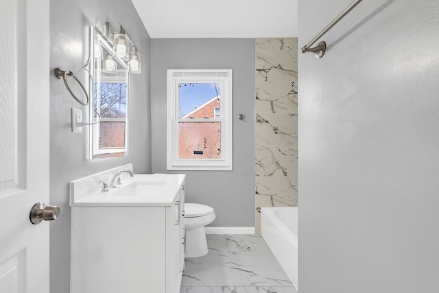 13955 Prevost St, Detroit, MI 48227 - bathroom with vanity, shower / tub combination, toilet, marble finish floor, and baseboards